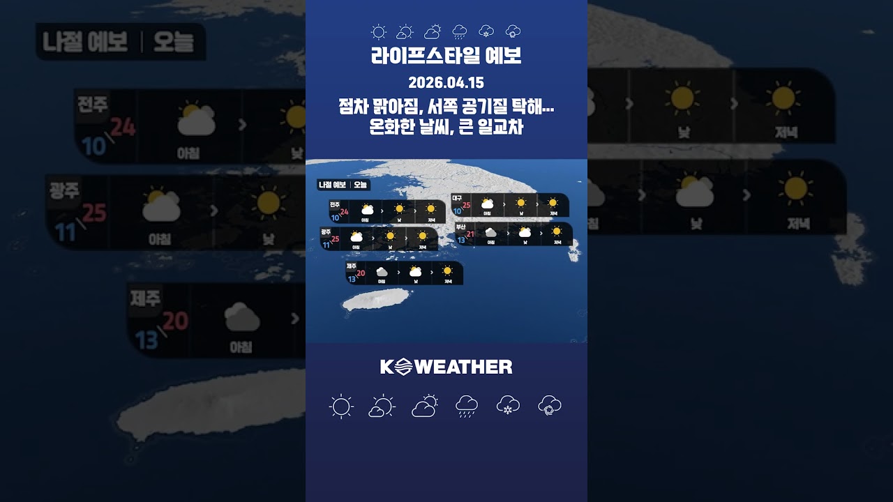 오늘(수) 점차 맑아짐, 서쪽 공기질 탁해&hellip;온화한 날씨, 큰 일교차 / 2026.04.15.KWEATHER