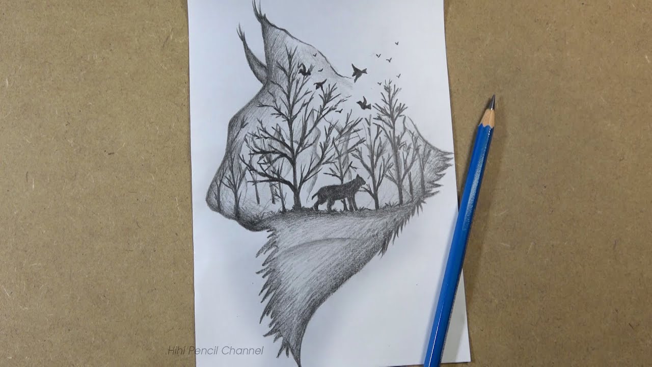 How to Draw forest landscape Scenery inside Wild Animal Head | Pencil Drawing