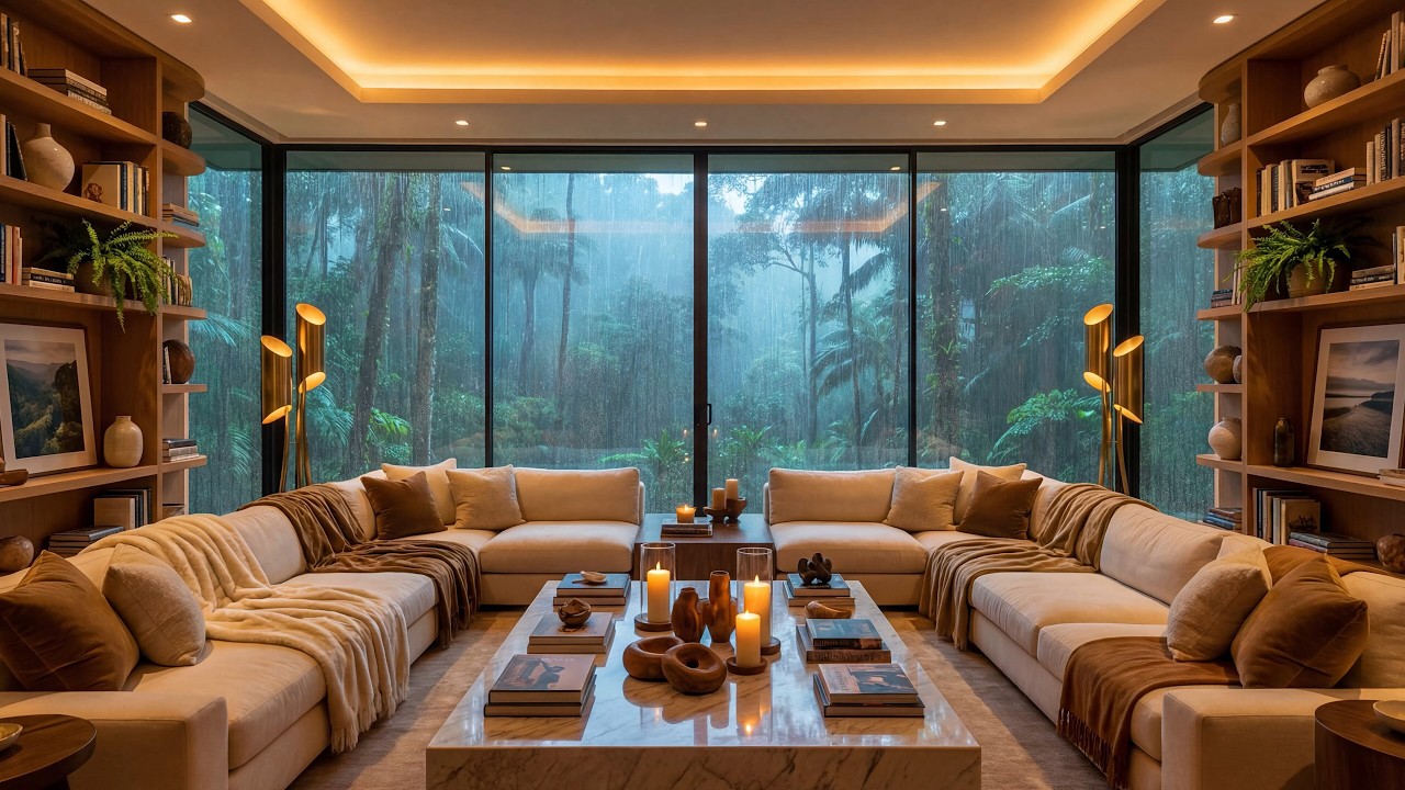 Smooth Rainy Day Jazz Music for Study, Work, Sleep - Cozy Living Room Inside Forest Ambience 🌧️