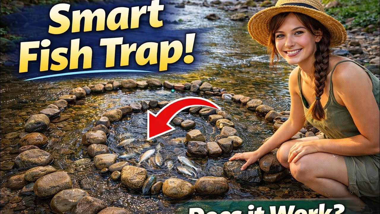 The girl arranged the stones in the stream into a spiral shape to make a trap for catching 