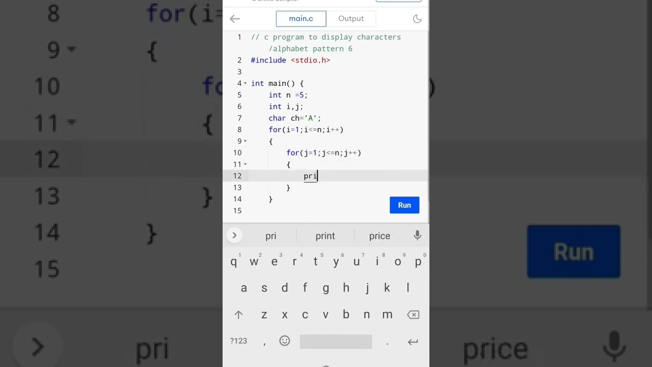 c program to display characters/alphabet pattern 6 #cprogramming #codingguru #shorts 😎