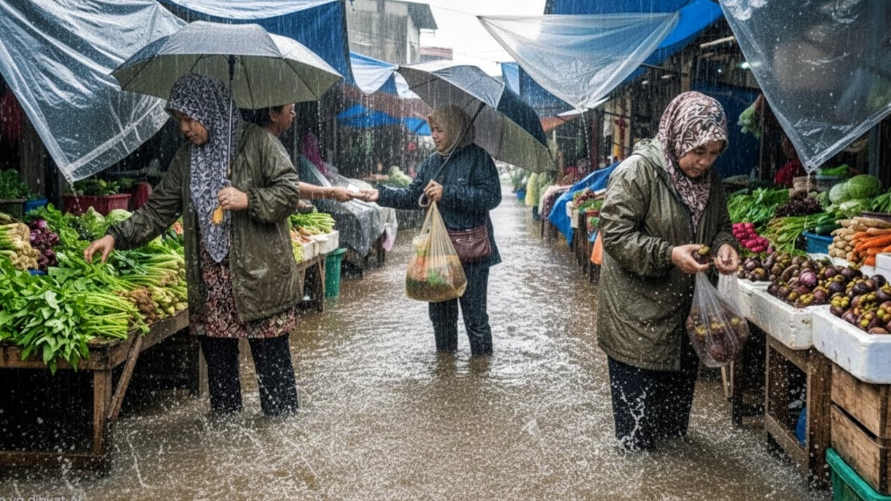 walking in the pouring rain at a traditional Indonesian market | trading activities continue