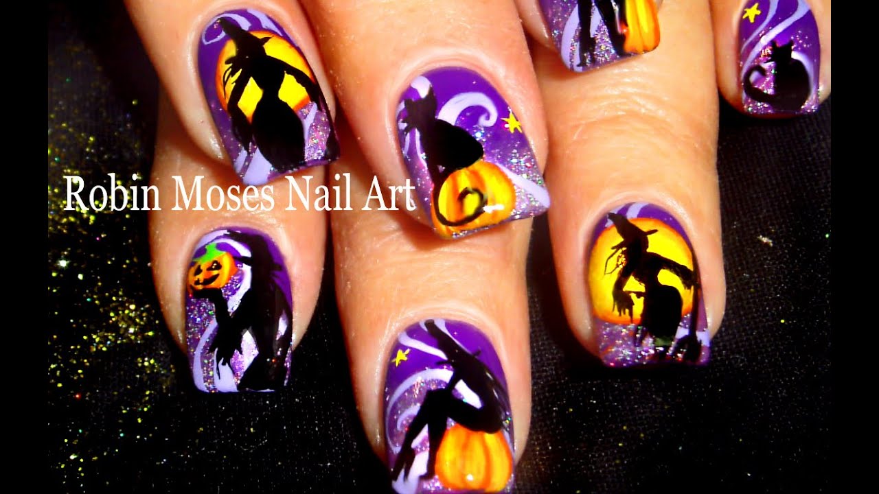Halloween Nail Art | Cats and Witches Nails Design Tutorial
