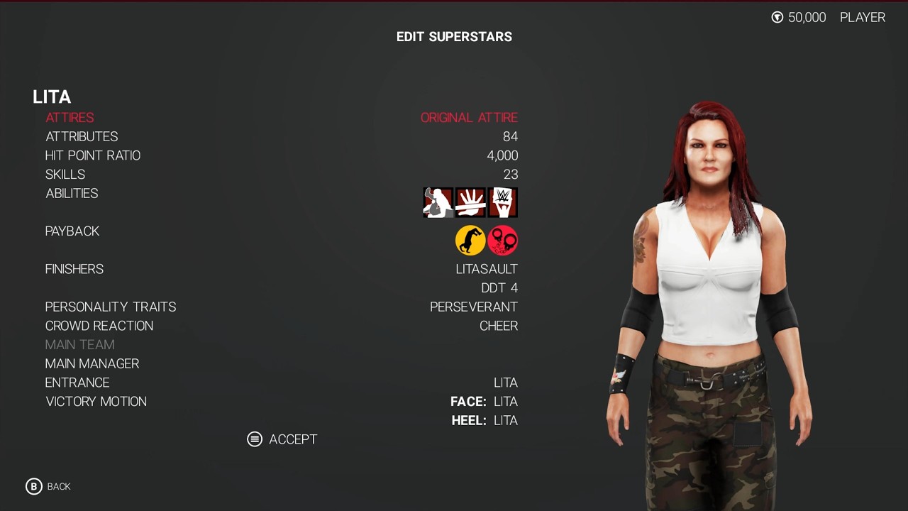 WWE 2K19 Lita Stats & Attributes