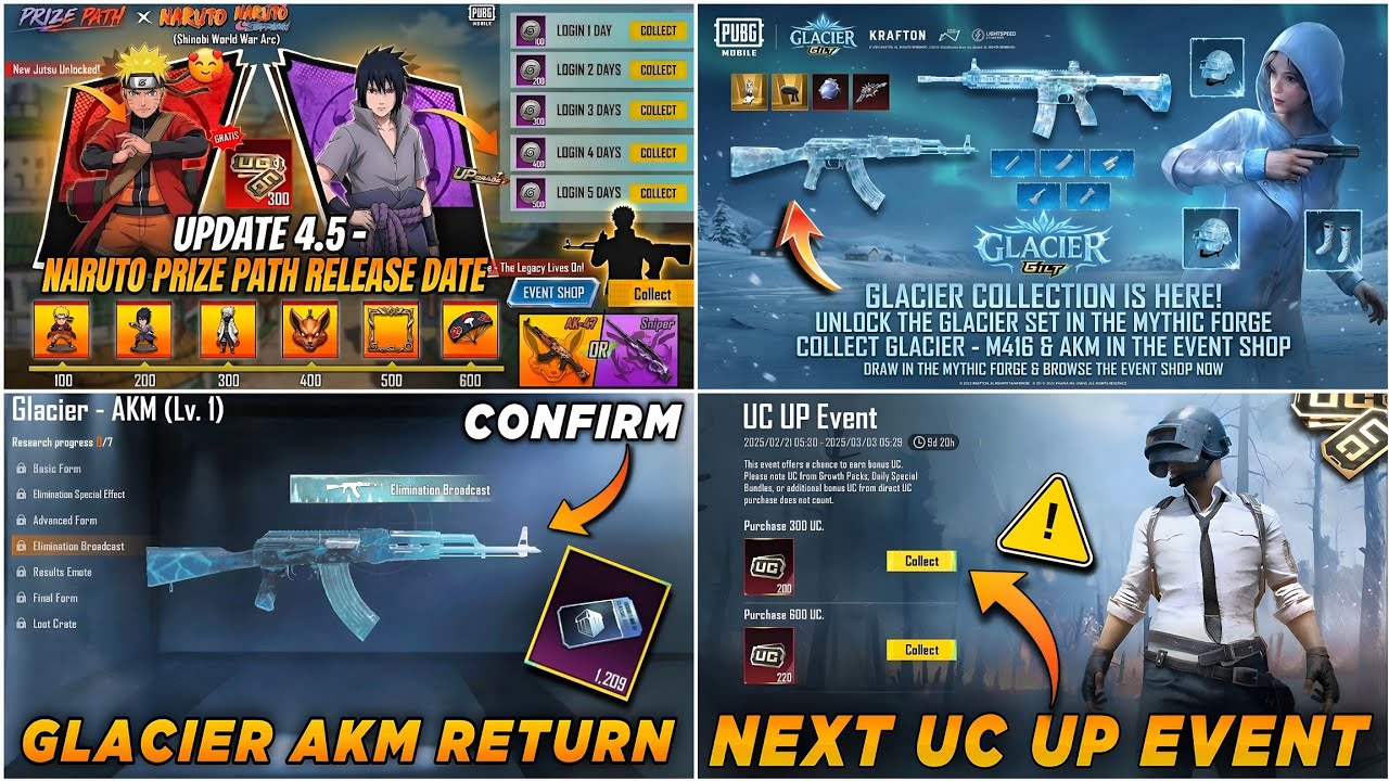 🔴 NARUTO PRIZE PATH REWARDS ✅ GLACIER M416 RETURN IN BGMI 🤩 GLACIER AKM RETURN 🥶 NEXT UC UP EVENT 🔥
