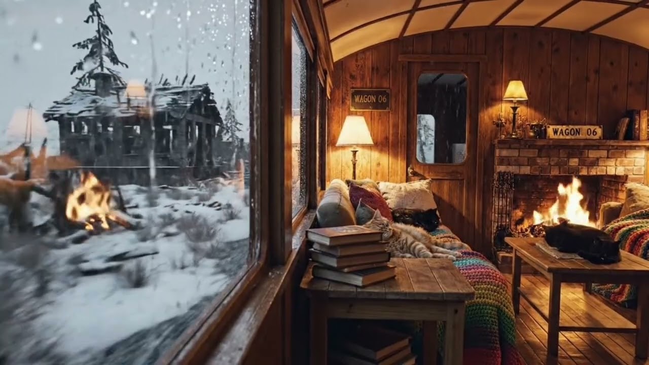 WAGON 06 — Cat Fireplace Wagon | Cozy Rain Train Ambience 🚆🐈