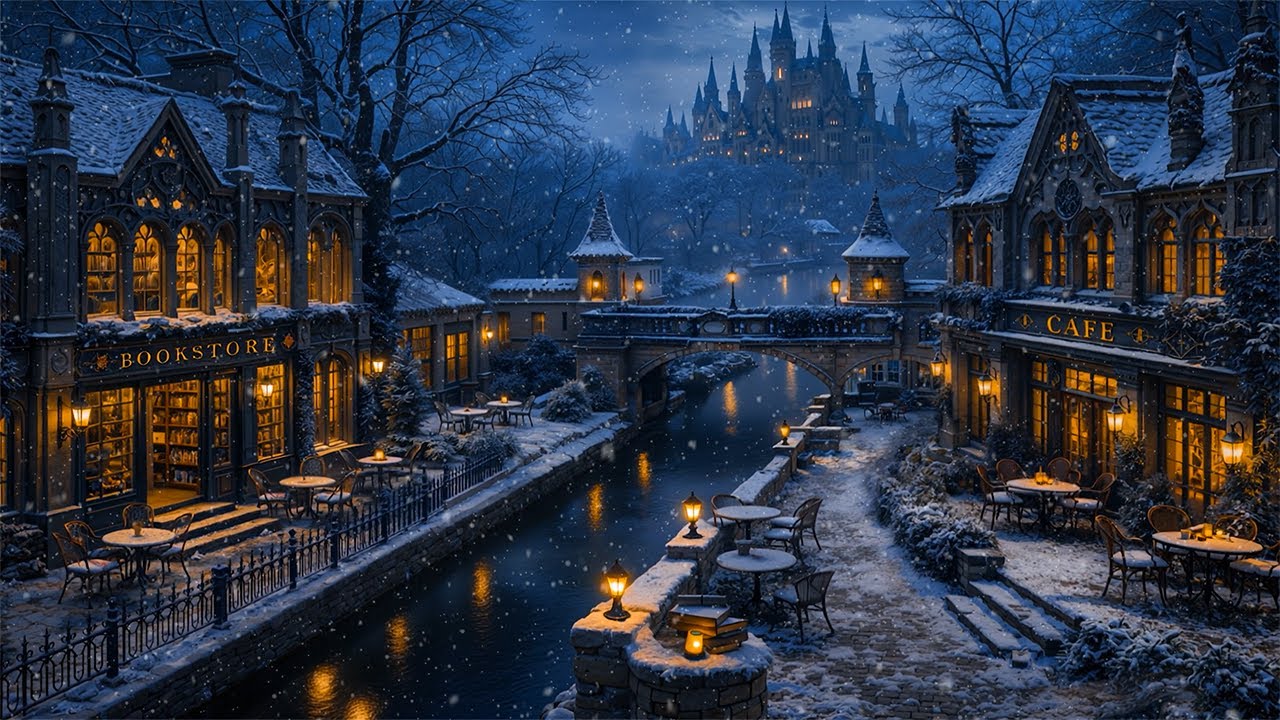 Vintage Bookstore & Cafe in Snowy Gothic European Town | Dark Academia Winter Ambience for Focus