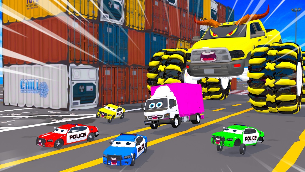 Super CarT Hero Blue & Monster Yellow vs 5 Police car - Epic City Battle #1