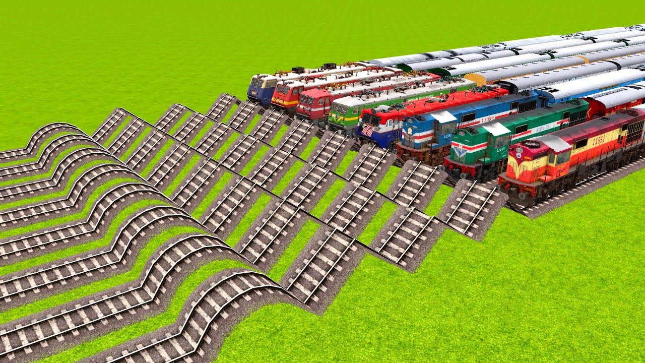 EIGHT MULTIPLE TRAINS CRAZY RUNNING ON EIGHT CRAZY RISKY POTHOLES TRACKS |🔺 Train simulator|