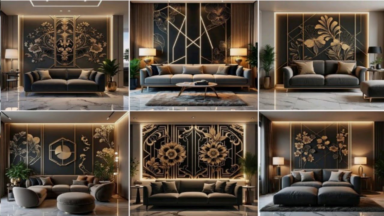 stylish living room interior with elegant wall  design |large decorative wall decals behind the sofa