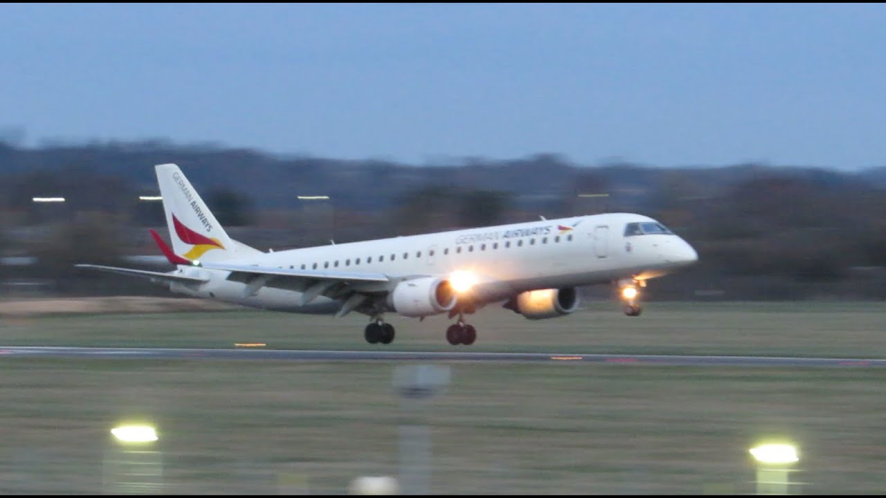 SCREECHING BRAKES!!! German Airways E190 lands at Southampton Airport