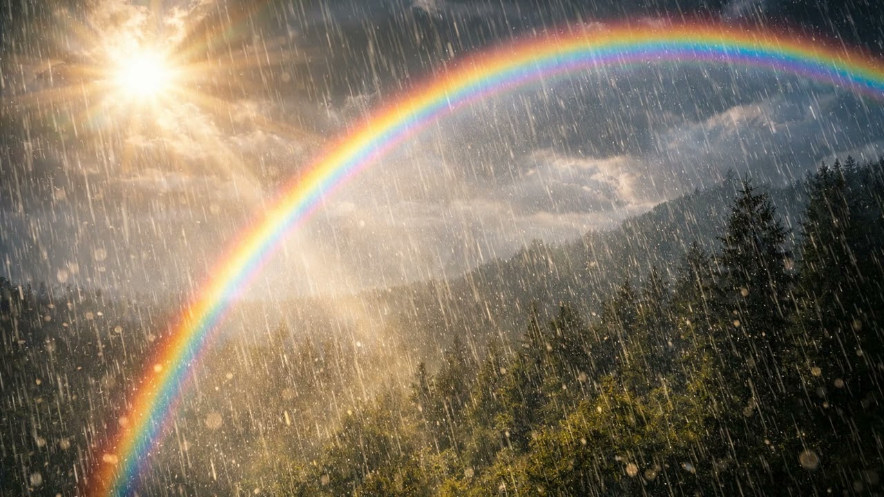 10 Hours Heavenly Rain, Sun Rays & Rainbow 🌧️🌈 | Relaxing Nature Sounds for Sleep & Focus