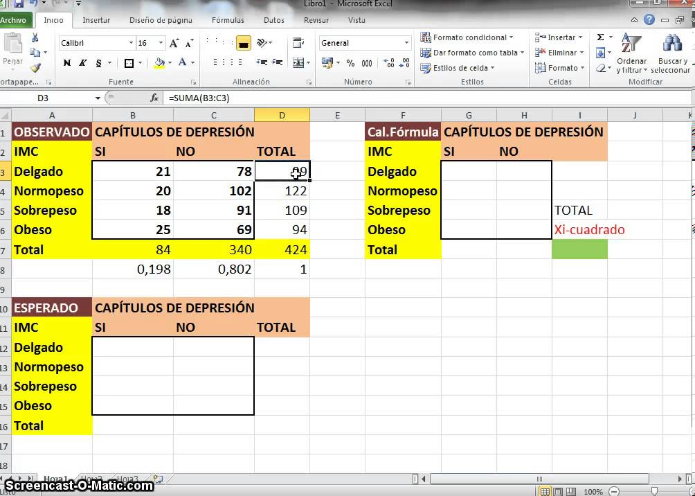 Cálculo del Chi Cuadrado con excel