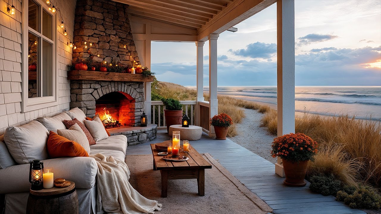 🌊🍁 Relaxing Autumn Seaside Cottage | Fireplace Crackle & Ocean Sounds for Sleep