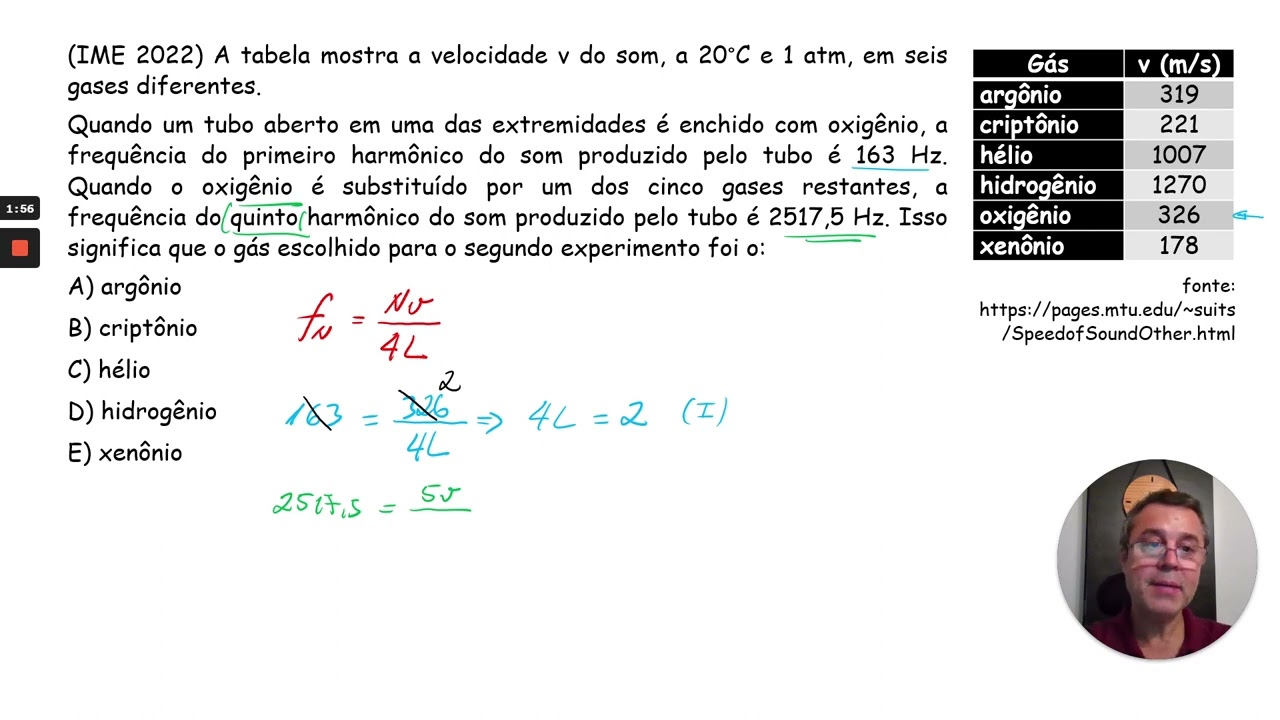 IME: A tabela mostra a velocidade v do som, a 20°C e 1 atm, em seis gases diferentes.
