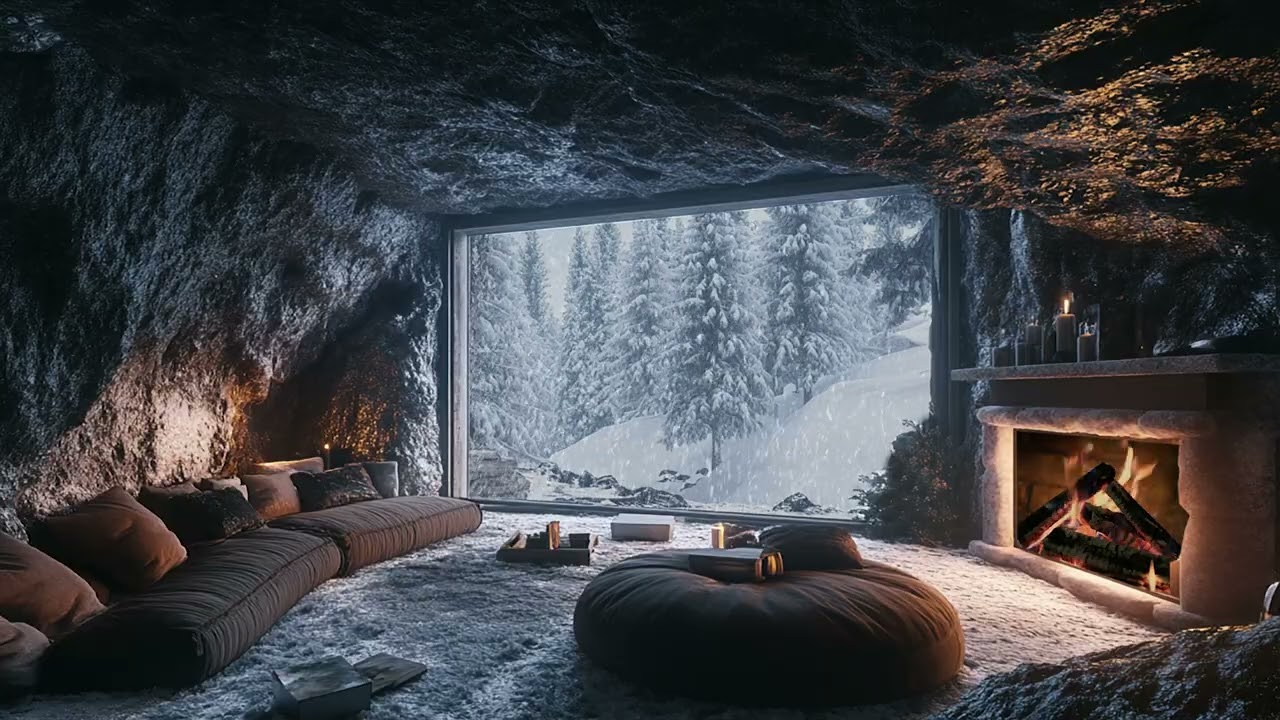 Winter Storm Outside a Cave | Warm Fire and Wind Sounds for Deep Rest