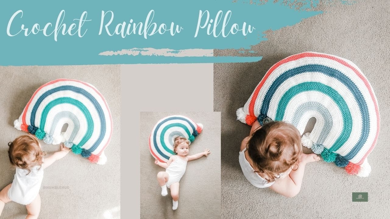 CROCHET RAINBOW PILLOW SIZE XL with Pom Poms - EASY FOLLOW ALONG INSTRUCTIONS FOR BEGINNERS