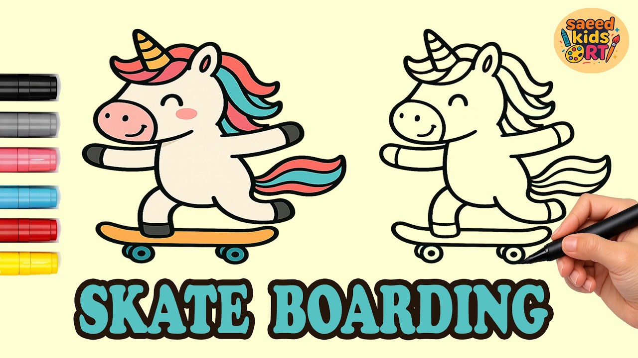 How to Draw A Skateboarding Unicorn  Easy with Coloring || saeed kids art
