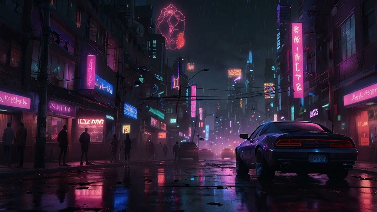 Cyberpunk Neon Street | Futuristic Car Outside Glowing Signs (1 Hour Screensaver)