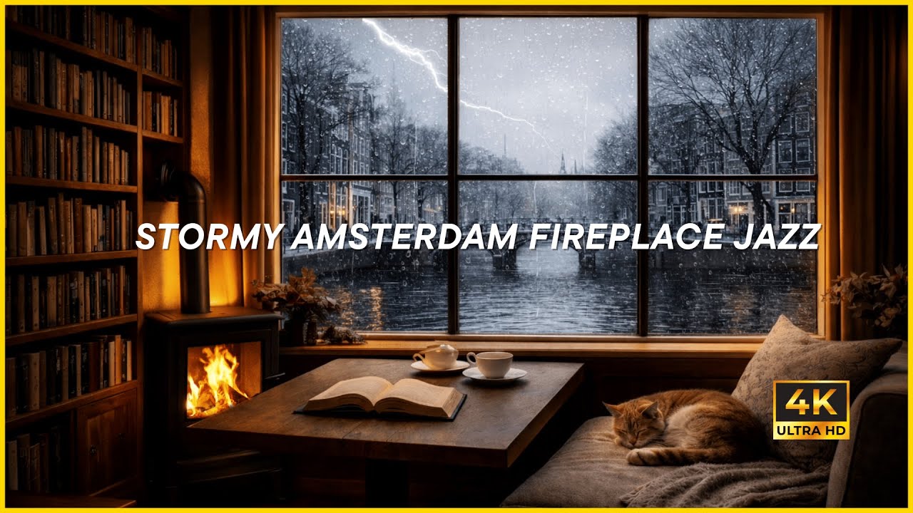 STORMY AMSTERDAM FIREPLACE JAZZ (4K) | Thunder Rain, Cozy Canal Night for Relaxation, Focus & Sleep