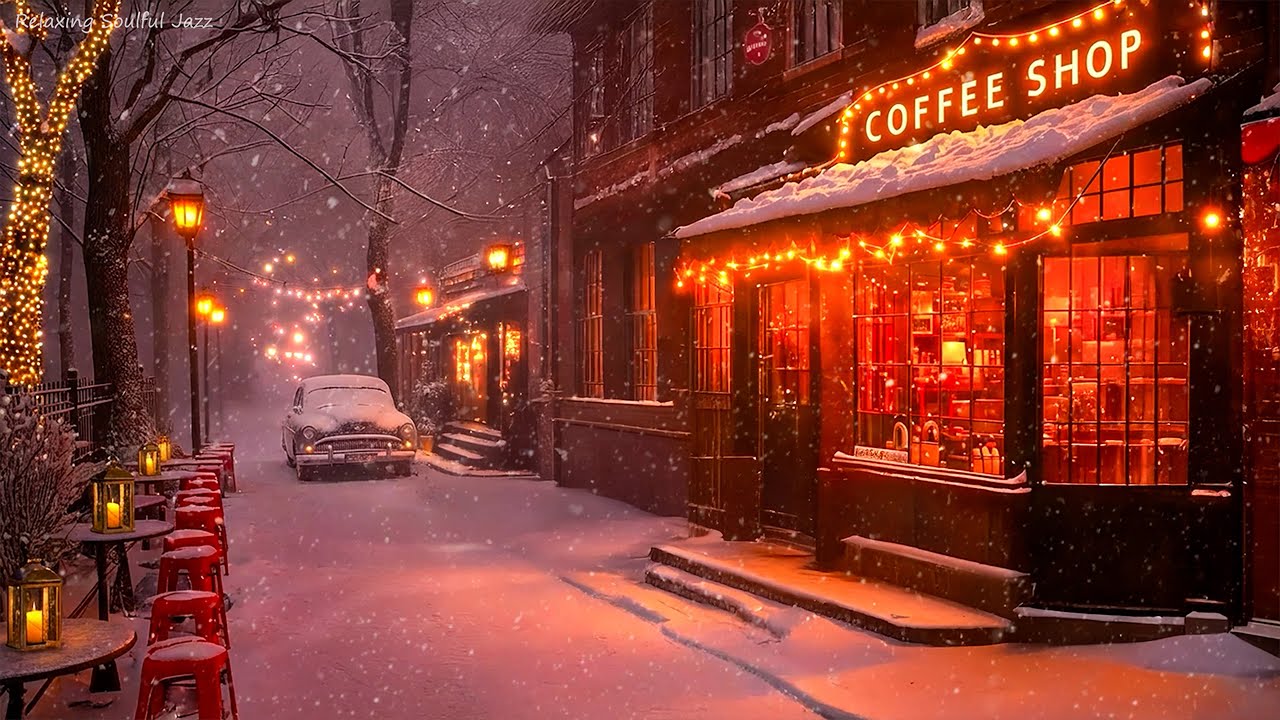 Winter Jazz Playlist ❄️ Snowy Coffee Village Town at Night with Cozy Jazz Vibes for Peaceful Moments