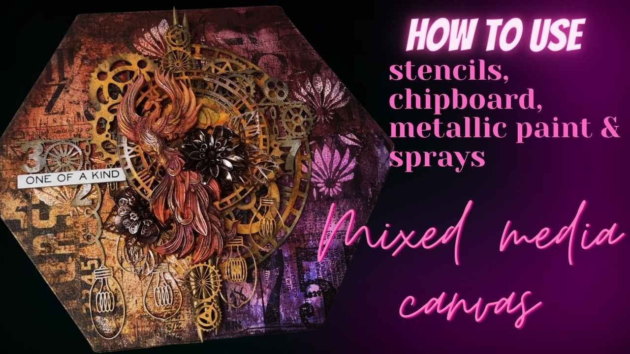 How to use metallic sprays and metallic paint| Mixed media hexagon canvas| immix chipboard & stencil