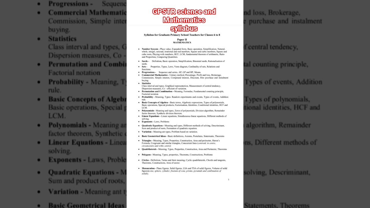 GPSTR science and mathematics syllabus | GPSTR Syllabus | GPSTR paper syllabus