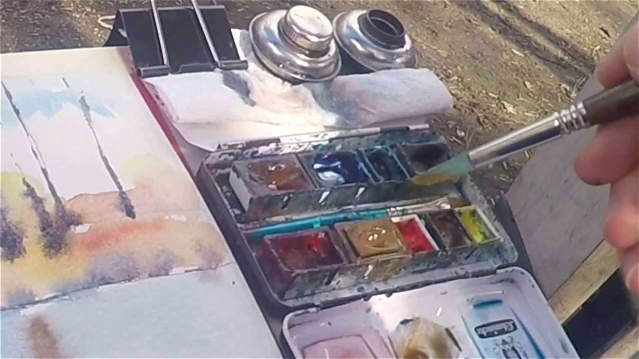 Акварельный набросок на пленэре. Озеро, деревья, отражения...