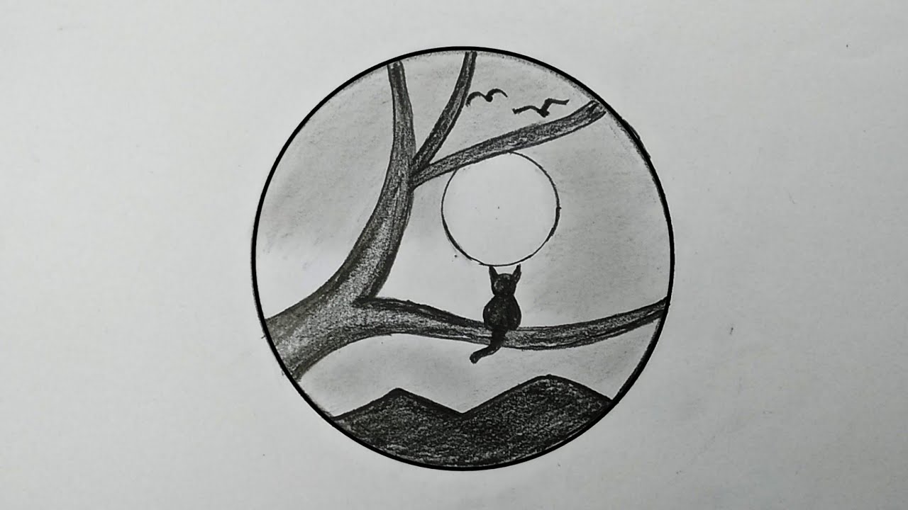 رسم سهل | رسم منضر طبيعي بالرصاص خطوة بخطوة للمبتدئين | رسم قطة فوق شجرة داخل دائرة | رسمة سهلة