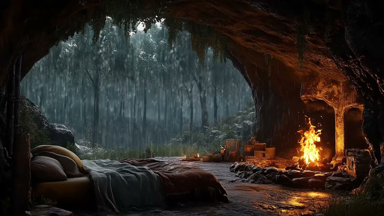 Rain and Fireplace Sounds in Warm Cave ASMR for Deep Sleep and Stress Relief