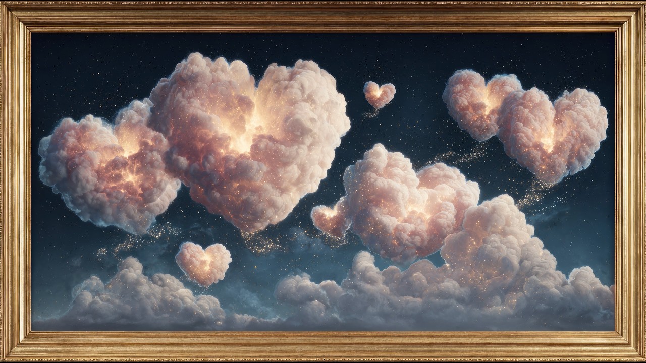 Romantic Heart Cloud Art in Gold Frame | Luxury TV Art Screensaver | 4K Ambience