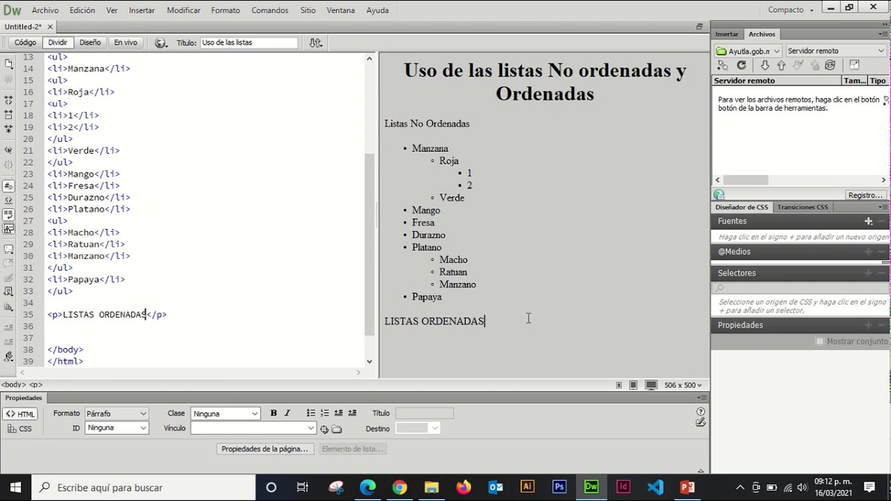 Uso de las Listas y Sublistas dentro de Dreamweaver
