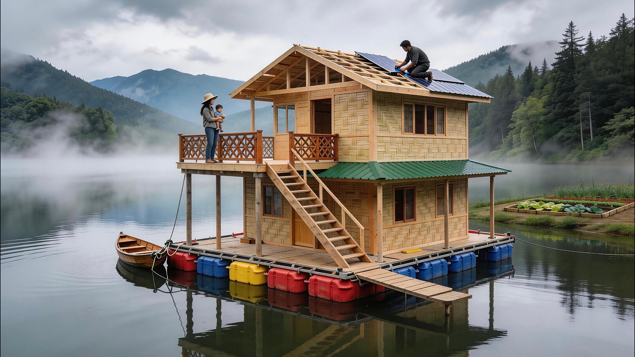 Young Couple Builds Floating Bamboo House in the Vast Water with Their Own Hands