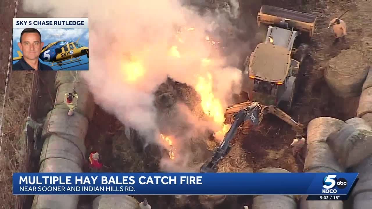 Multiple hay bales catch fire near Norman, causing large plume of smoke in OKC metro