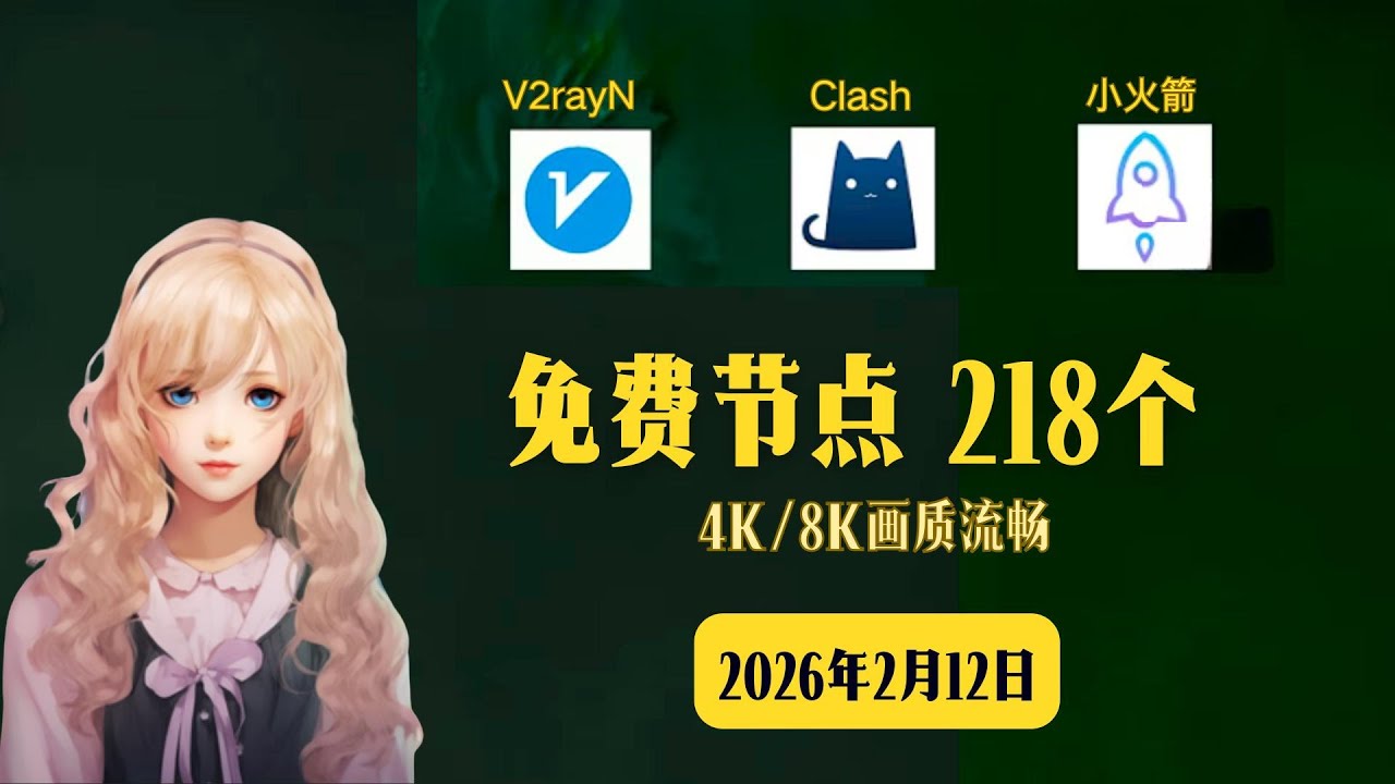 2026年2月12日，最新节点分享，免费节点，稳定4k，节点分享， V2ray节点，clash节点，节点订阅，机场节点，V2ray订阅，clash订阅，小火箭节点，免费机场