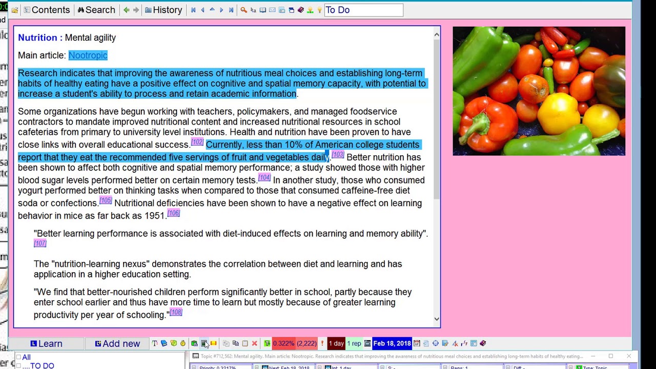 Incremental reading: Learning about nutrition from Wikipedia (SuperMemo 17)