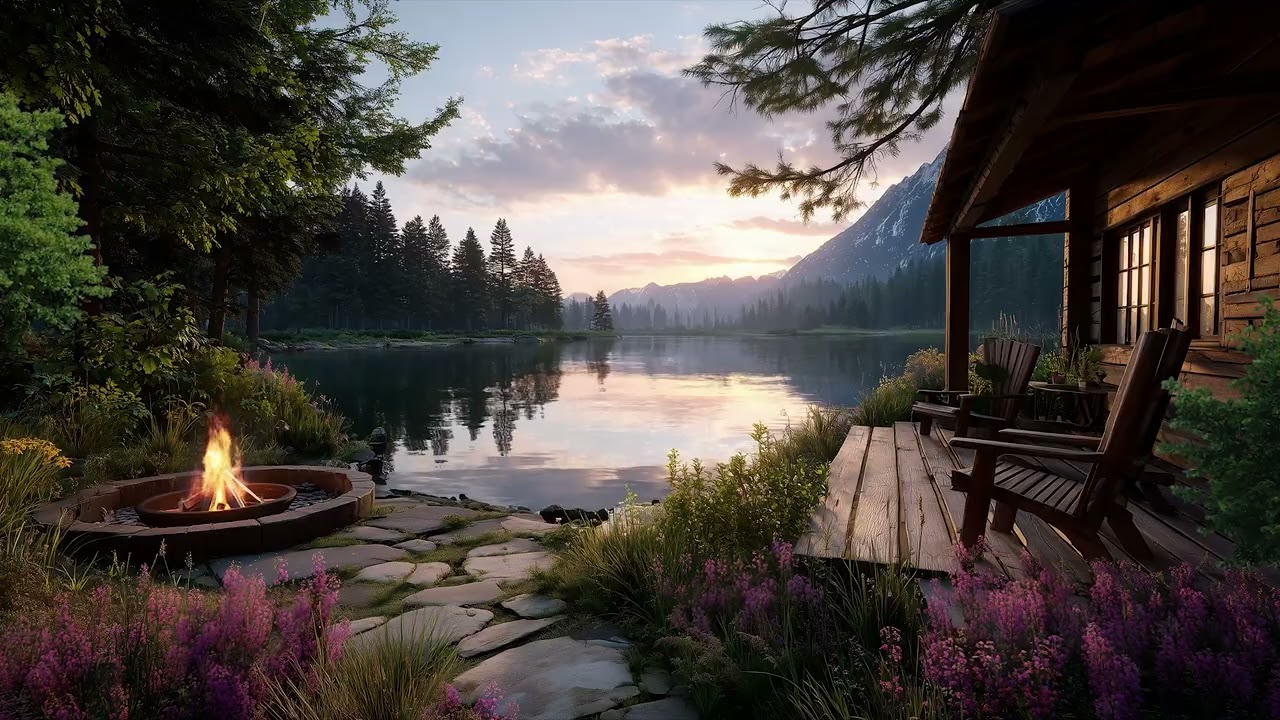 Quiet Lakeside and Crackling Firepit for Relaxation | Calm Nature Ambience
