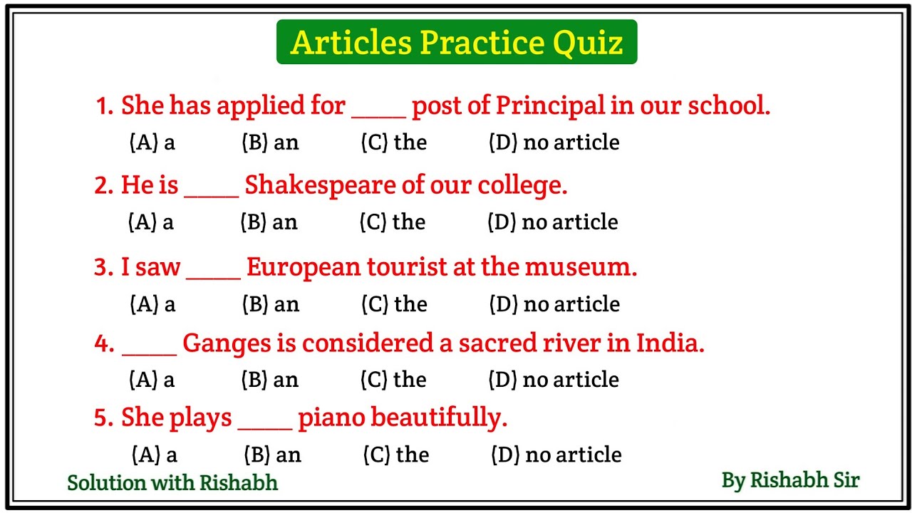 Articles A An The questions | Articles A An The in English Grammar | Articles Practice Set Exercise