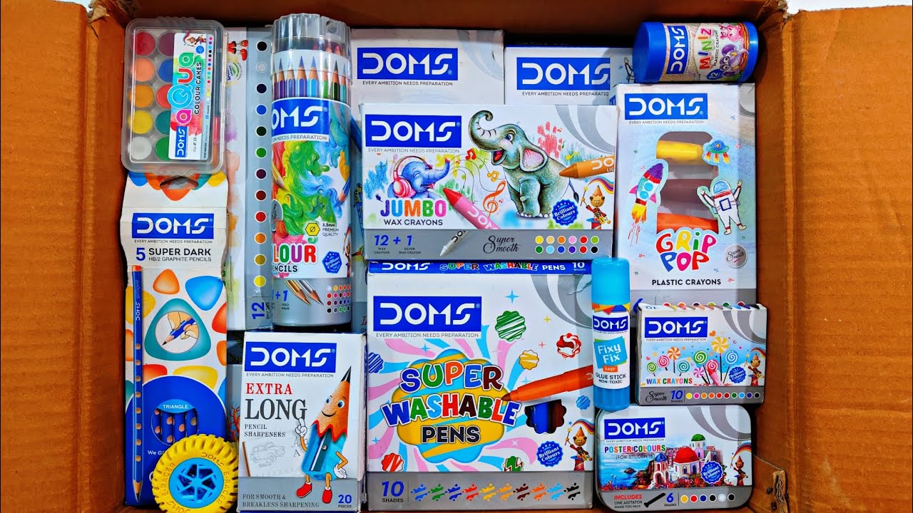 Unboxing DOMS Stationery, Poster Colour, Plastic Crayons, Glue, Oil Pastel, Washable Pen, Sharpener 