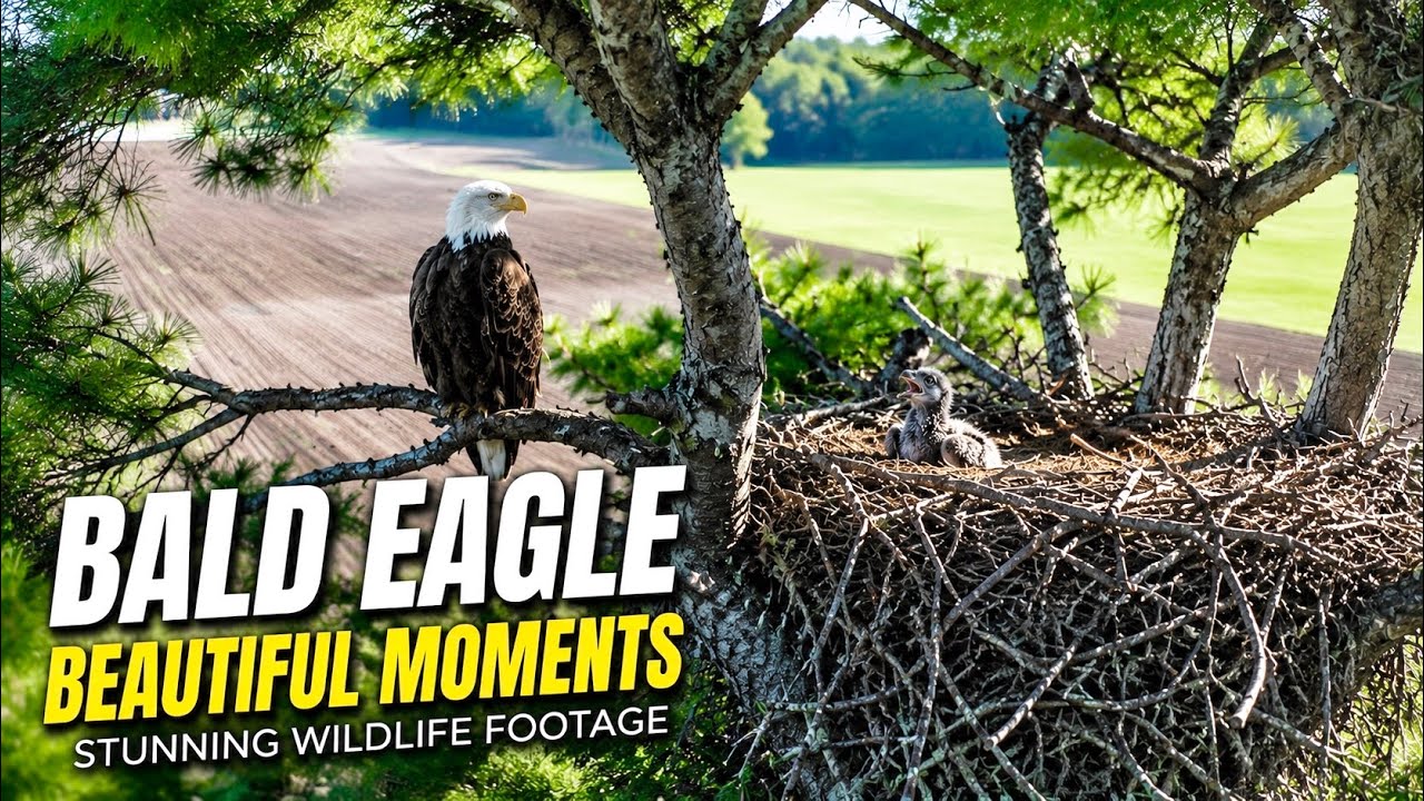 🦅 Bald Eagle Nest Moments. Rare Close Up of Bald Eagle & Eaglet in the Wild. 4K Footage