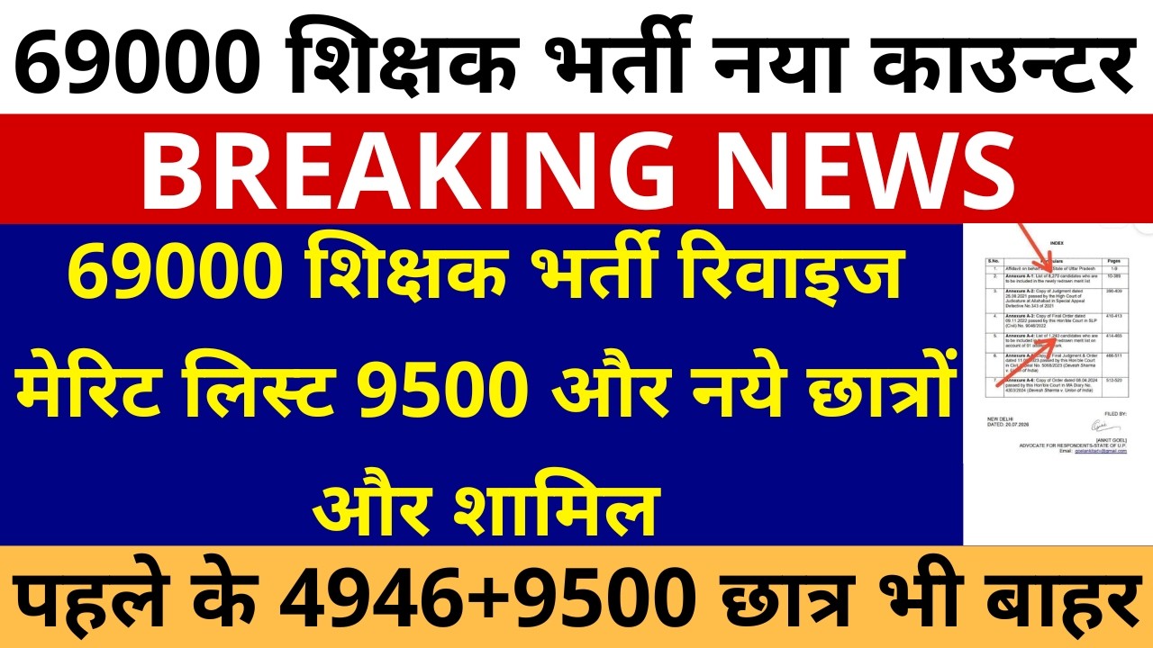 खुशखबरी 69000 शिक्षक भर्ती नया काउन्टर नई मेरिट लिस्ट 9500 और नये छात्र शामिल OLD 4946+9500 भी बाहर