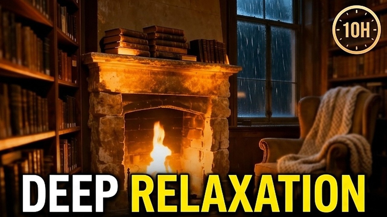 Rainy Antique Study 🌧️🔥 | Fireplace Sounds for Deep Relaxation 9 Hours