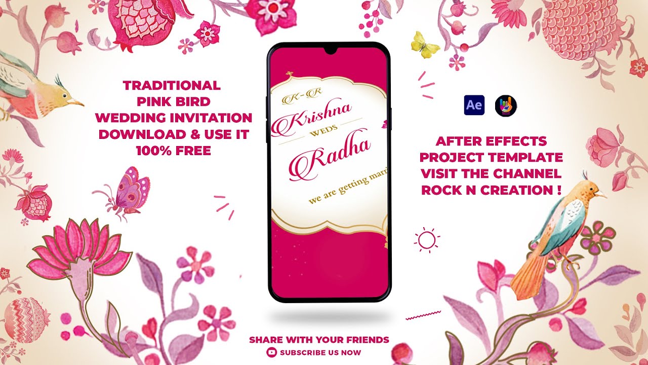 Traditional Wedding Invitation Pink Bird Project Template | 100% Free  For After Effects Use