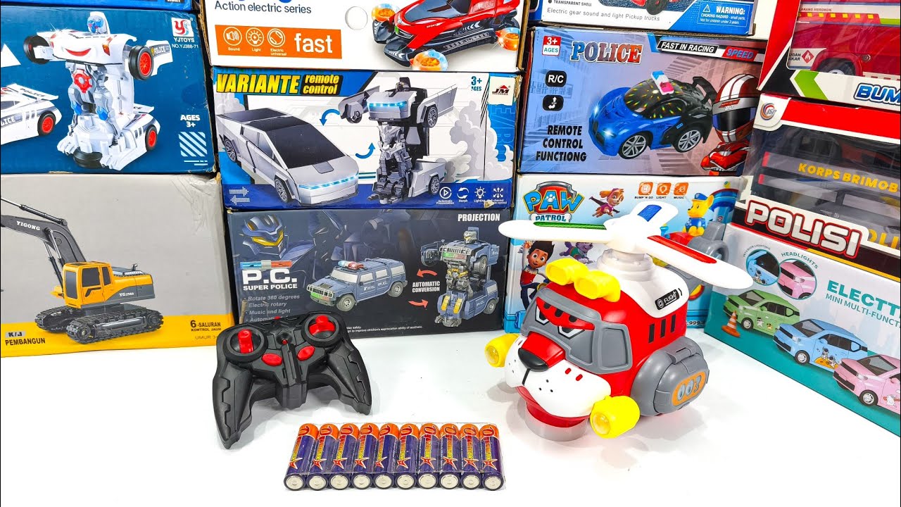 Unboxing Rc Cyber truck Tesla, Electric Helikopter, Rc Beko Excavator, Police Car Light 