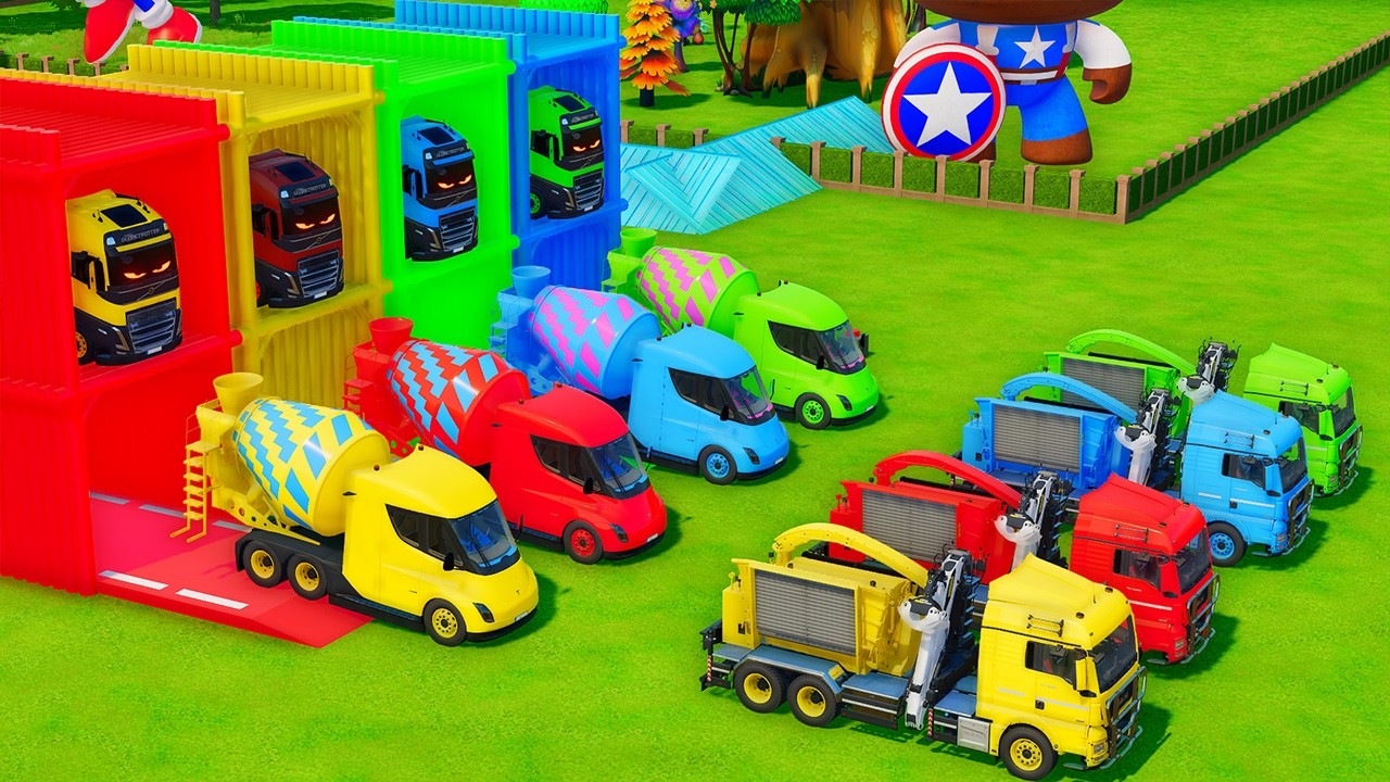 Garage with Colors - ALL MIXER TRUCK WITH DOUBLE FLATBED TRAILER TRUCK, KENWORTH, WESTERN STAR, MACK