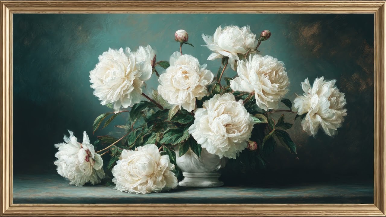 Vintage White Peonies Painting | Elegant Floral Art with Gold Frame | Artistic Screensaver | 8 Hours