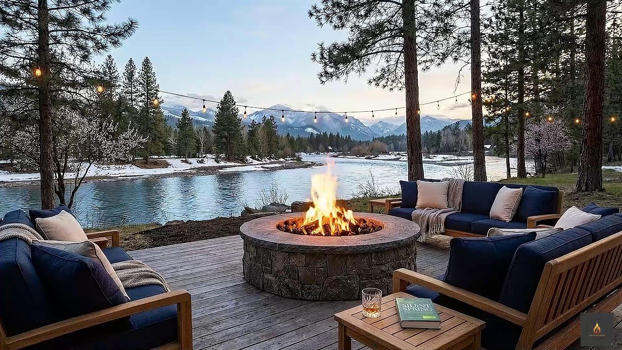 Quiet Serene Smooth Jazz & Fire Crackling Luxury Riverside Deck Forest View Study & Meditate 🧘‍♂️