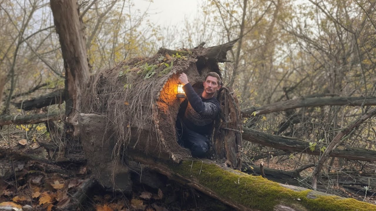 Building a Warm and Cozy Survival Shelter on the trunk of a fallen maple tree.Secret cave.Bushcraft.