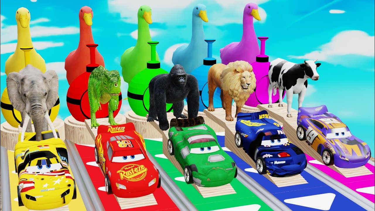 5 Giant Duck Cartoon, Cow, Elephant, Lion, Dinosaur, Paint Wild Animals Crossing Fountain Animations