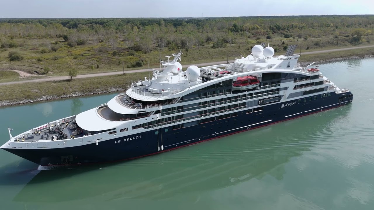 Le Bellot Cruise Ship - Welland Canal (4K Aerial view)